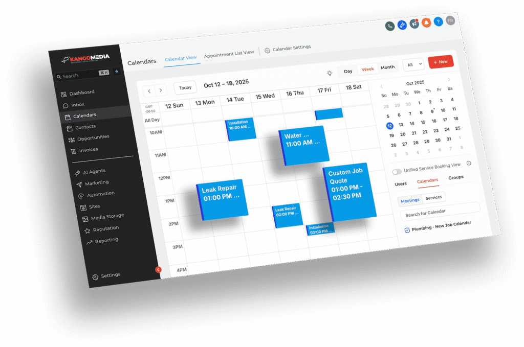 KangoMedia CRM calendar showing automated job scheduling and service appointments for home service businesses.