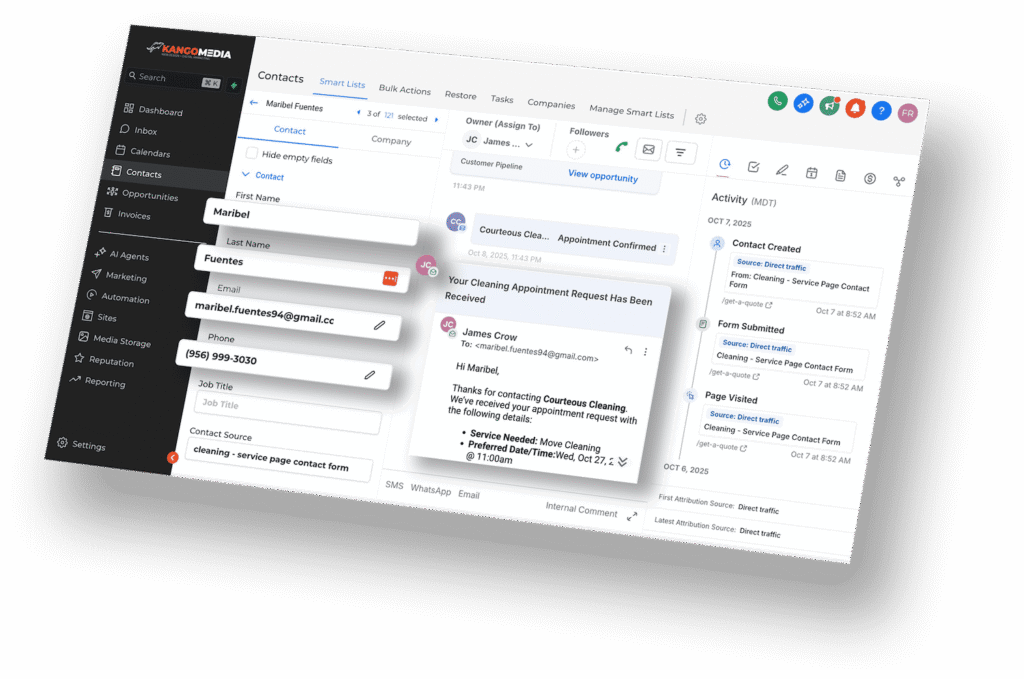 KangoMedia CRM contact dashboard showing customer communication history and appointment confirmation messages.