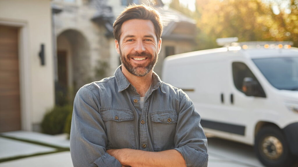 Smiling home-service plumber standing by a white work van, representing fast follow-up and a connected contractor marketing system.