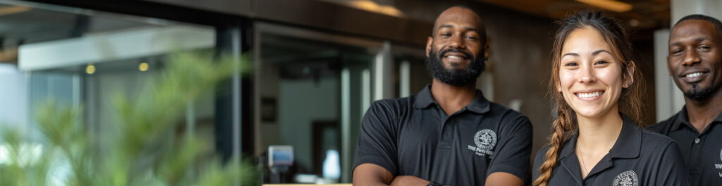 Professional home service contractors team smiling in uniform representing HVAC, plumbing, and electrical businesses